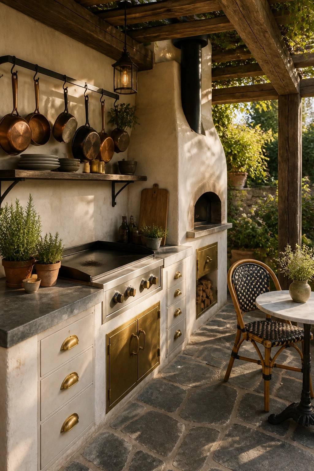 An outdoor kitchen with stone flooring, wooden ceiling beams, a stainless steel range, built-in oven, and hanging copper pots beside a small table and chair.