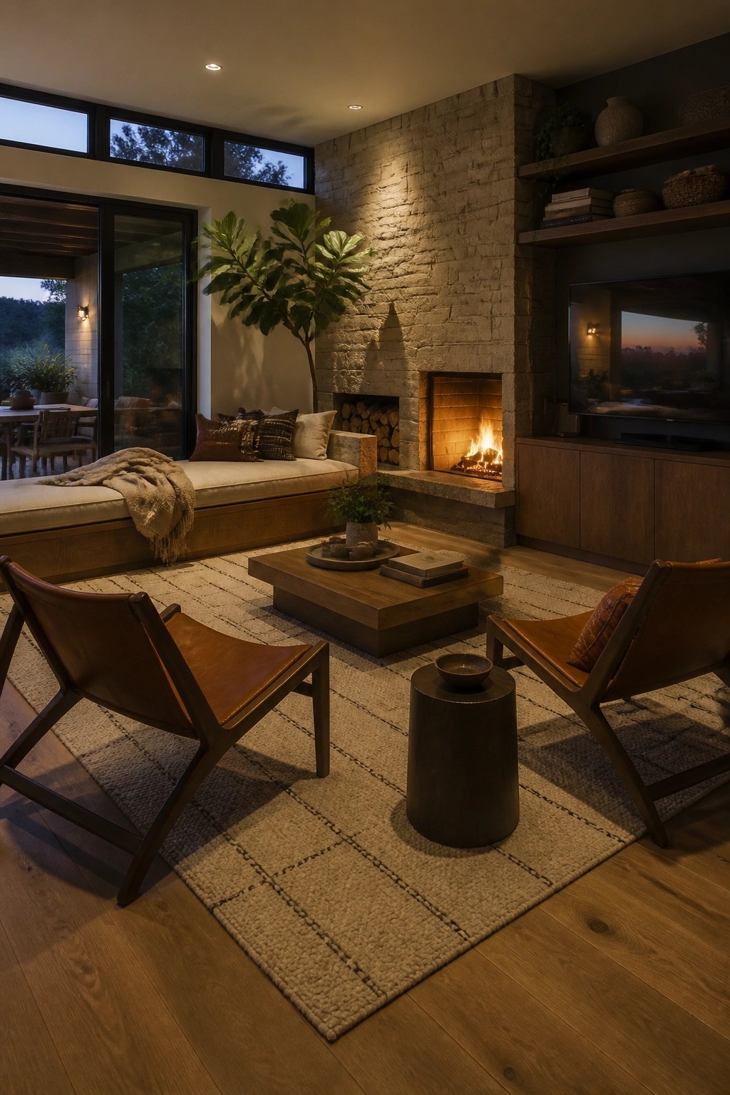 A living room featuring a tall stone fireplace with a burning fire, two leather chairs on a woven rug, a wooden coffee table, and large windows with a built-in bench seat.