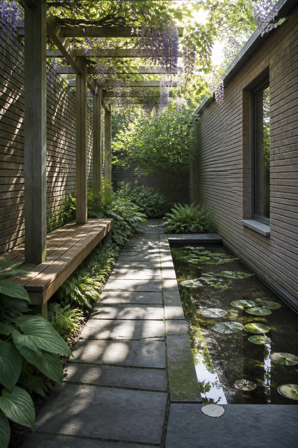 A stone pathway runs beside a long, narrow pond with lily pads, framed by a wooden pergola on the left and a brick wall on the right.