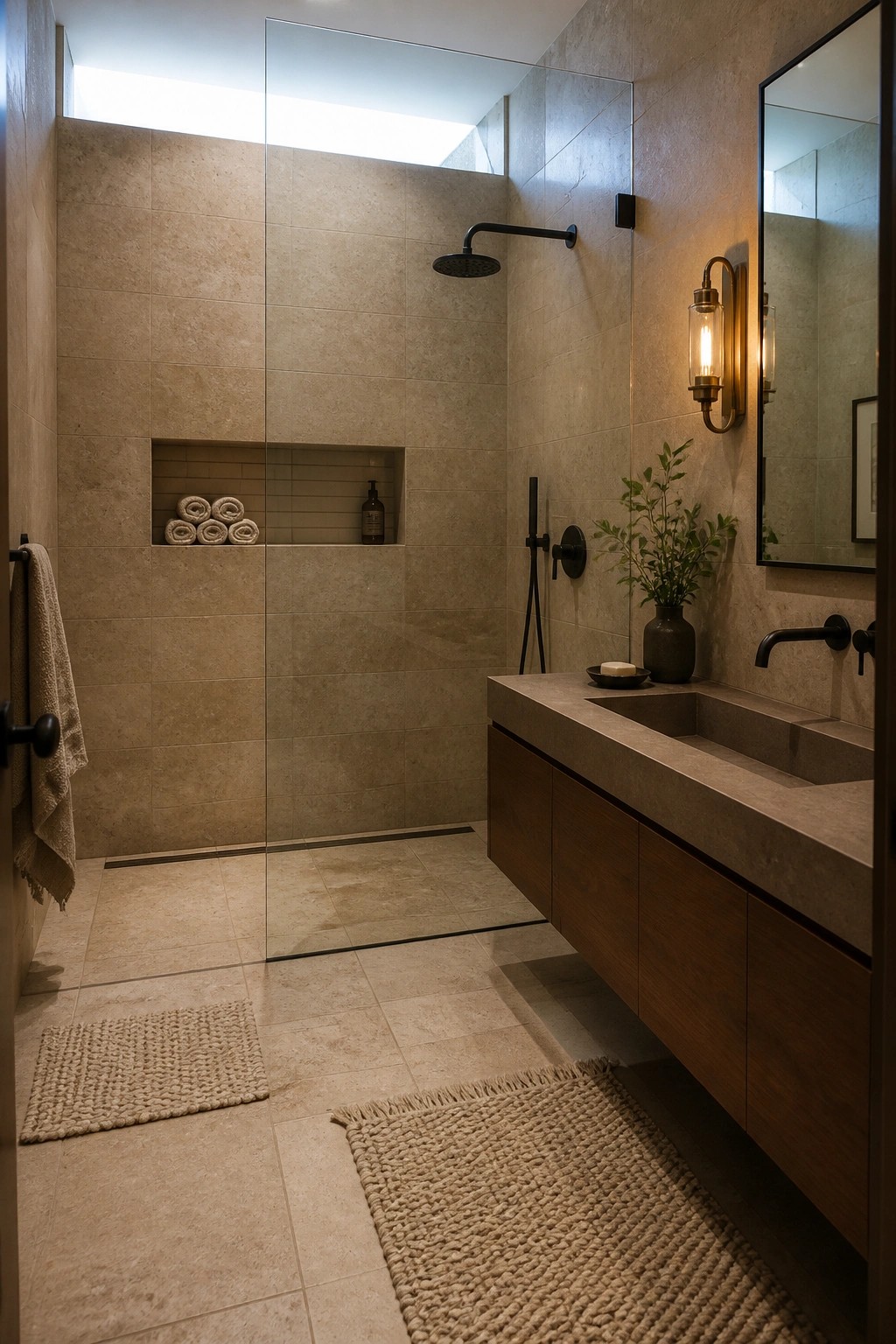 Modern bathroom with beige tiles, black shower fixtures, wooden vanity, and woven rugs.