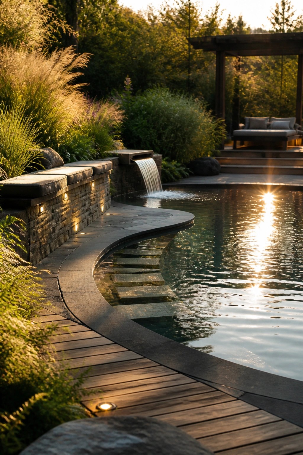 A curved stone wall with built-in cushions and lights borders a pool with a small waterfall, wooden deck path, and garden plants.