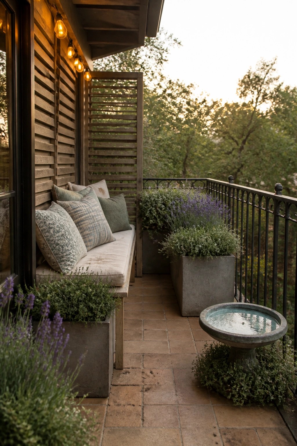 A cushioned wooden bench sits on a tiled balcony beside concrete planters filled with lavender, next to a small birdbath and a metal railing with trees beyond.
