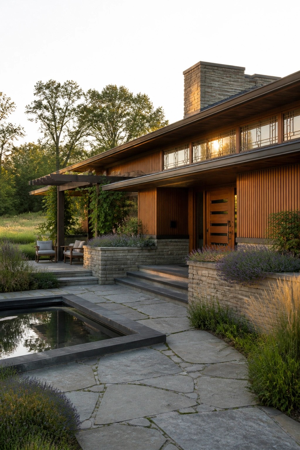 A Frank Lloyd Wright inspired house exterior featuring wood siding, a stone chimney, large windows, a wooden front door, and a stone patio with a rectangular reflecting pool, steps, and integrated low stone planters with purple flowers.