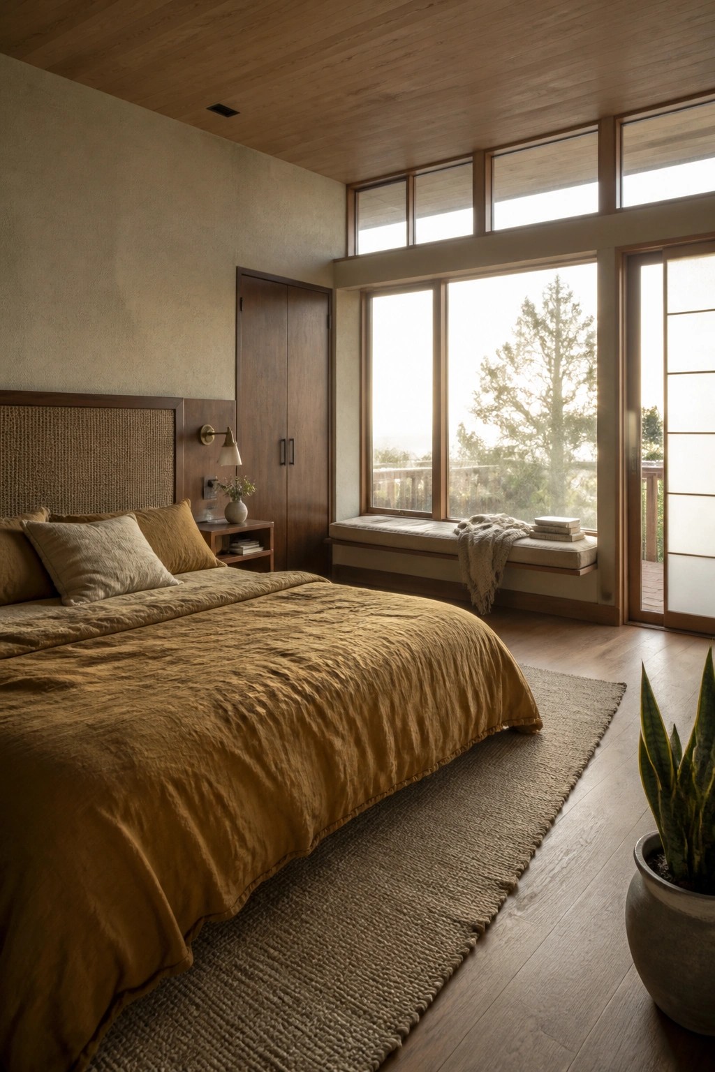 Cozy bedroom with mustard-yellow bedding, woven headboard, large windows, and window seat.