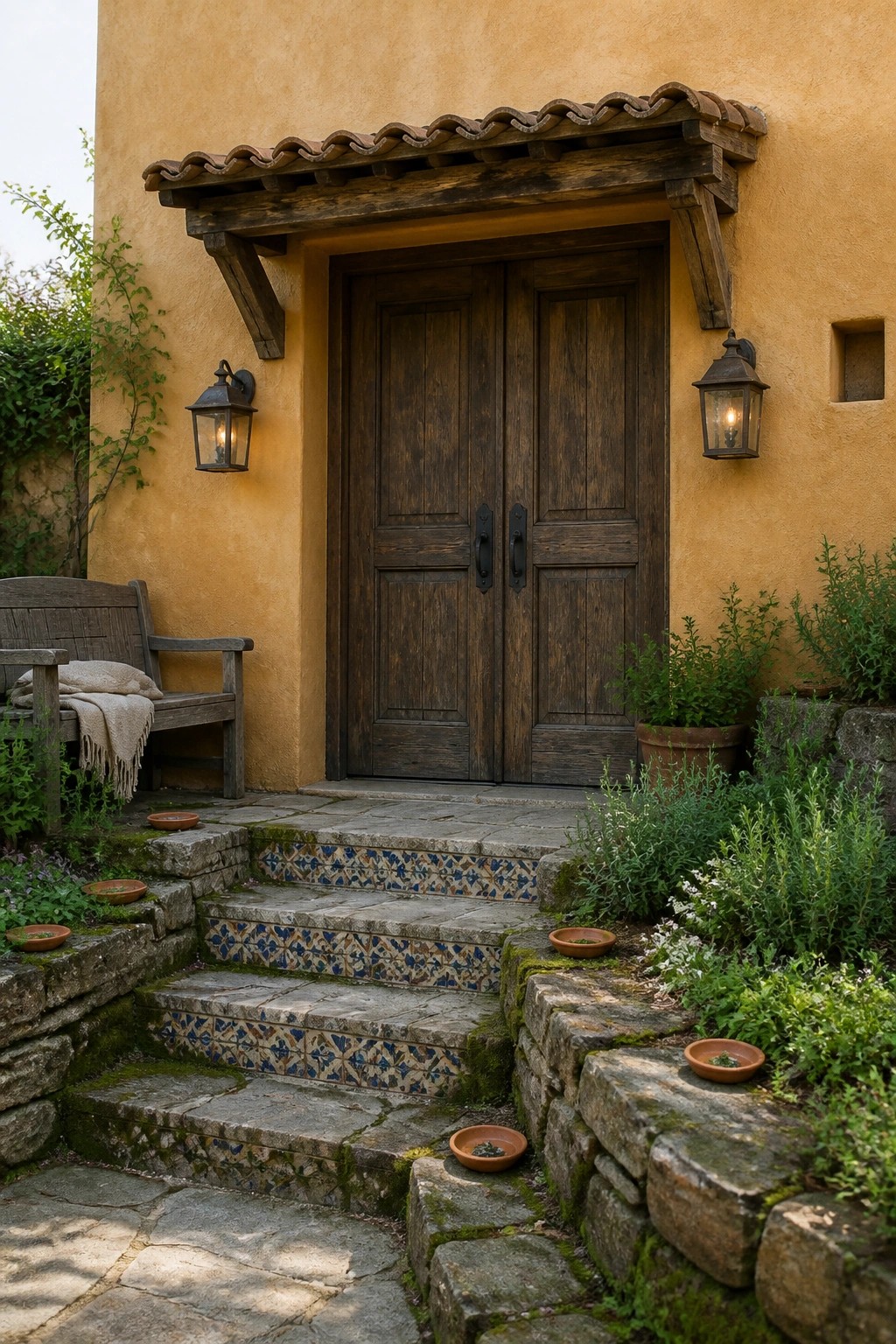 Front view of a Mediterranean-style entry with double dark wood doors beneath a wooden canopy topped with curved tiles, flanked by two wall-mounted lanterns on a warm stucco facade, with stone steps leading up.