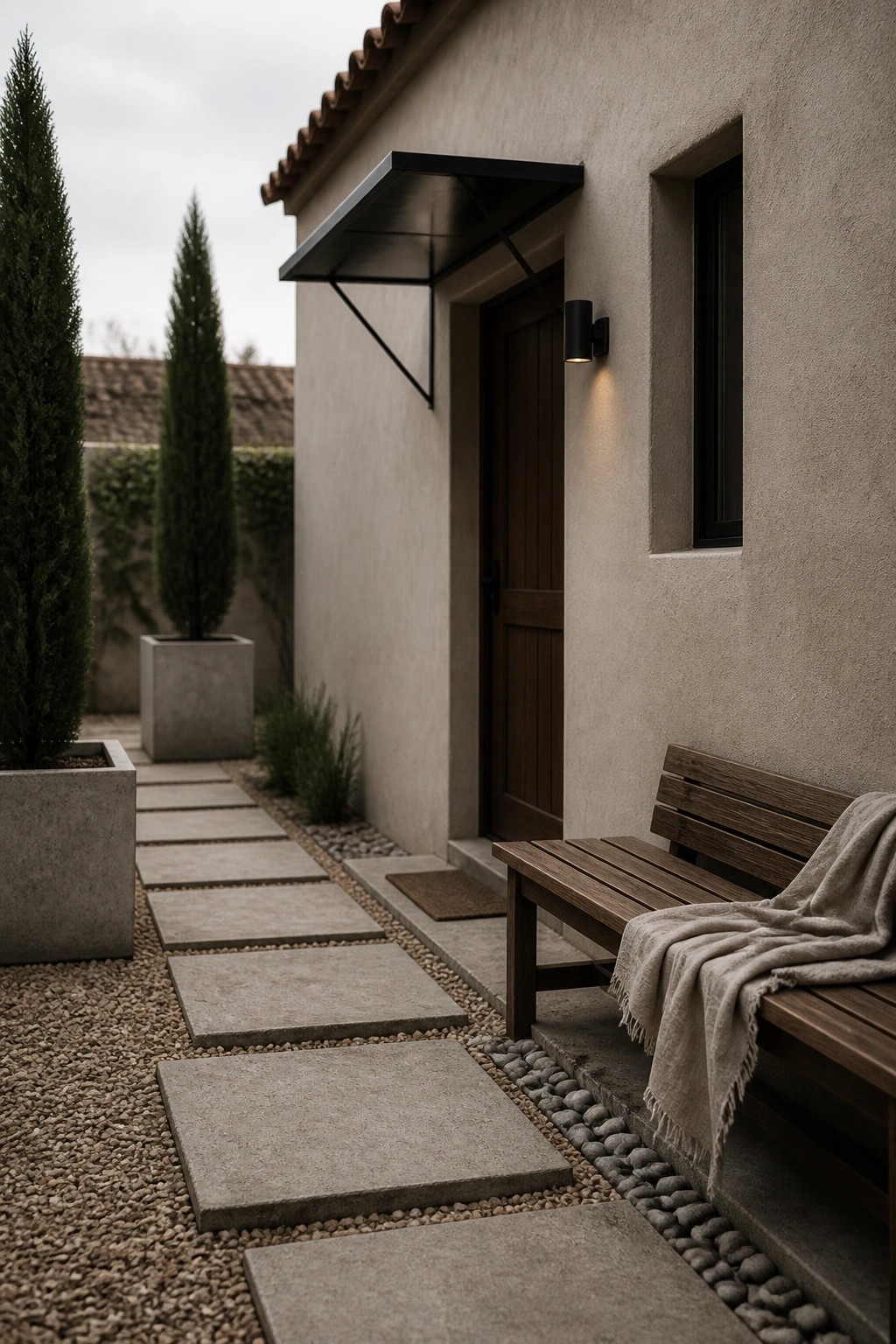 A small stucco house exterior with a wooden bench next to the front door, a gravel path of stepping stones, and potted cypress trees along the side.