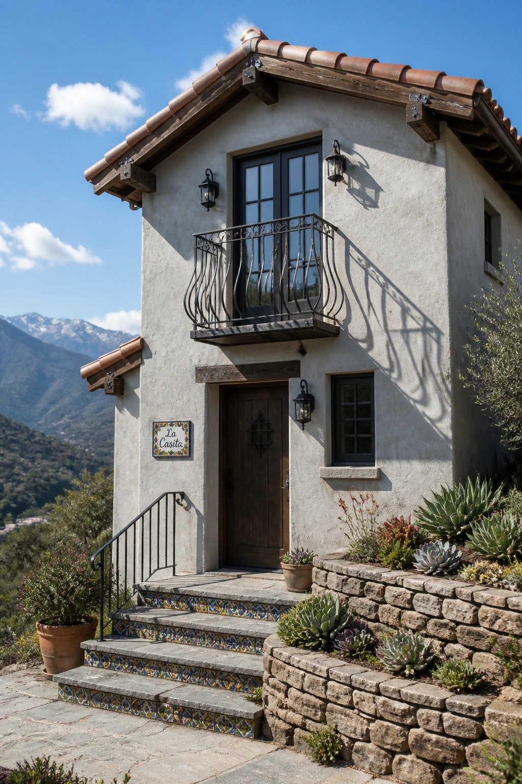 A small stucco Mediterranean house with a terracotta roof, dark wood door, and a wrought iron balcony centered above the entrance, accessed by tiled stone steps.