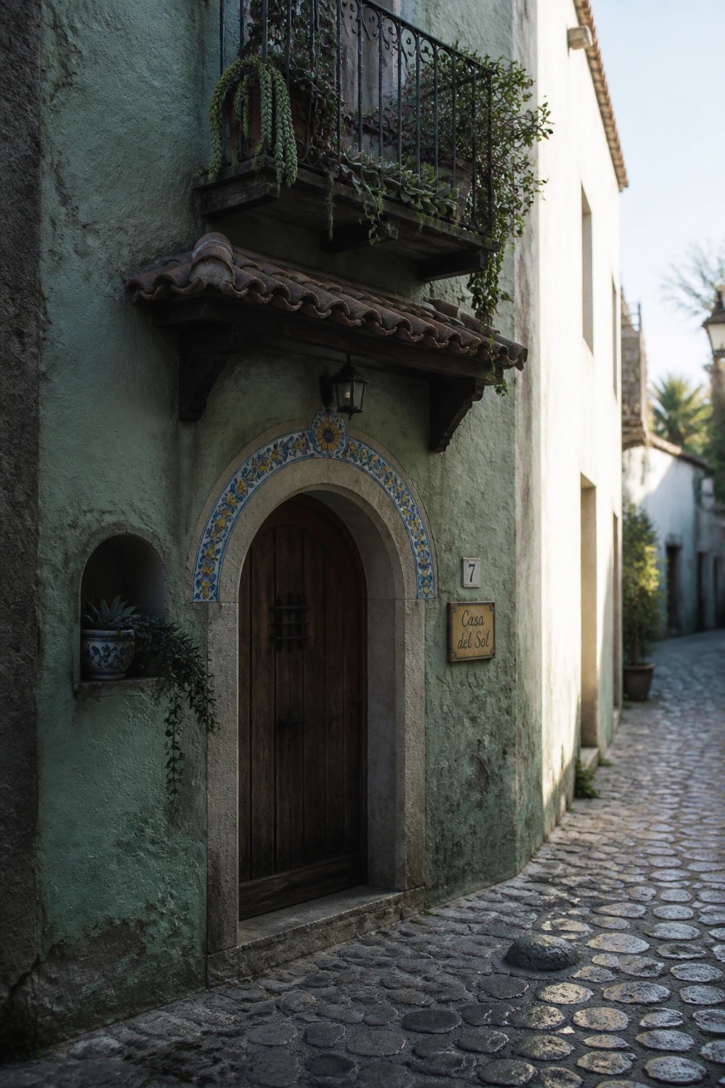Green stucco house with arched wooden door, tiled frame, plant balcony on cobblestone street