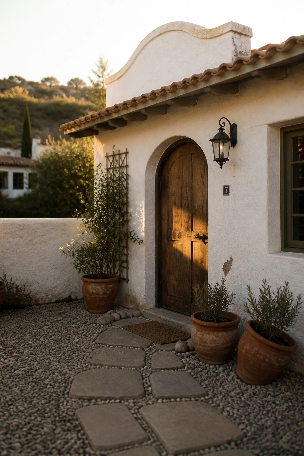 Arched wooden door on white stucco house with terracotta pots and stone path