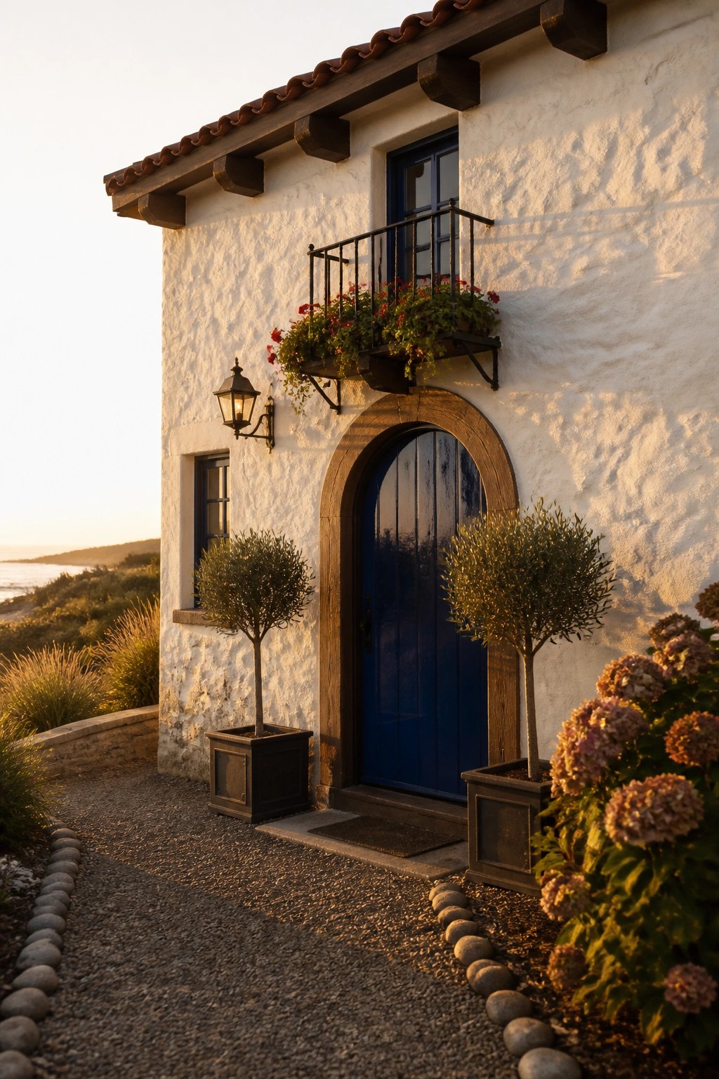 White stucco house exterior with a blue arched door, a small flower-filled balcony above it, and potted trees on either side of the entry.