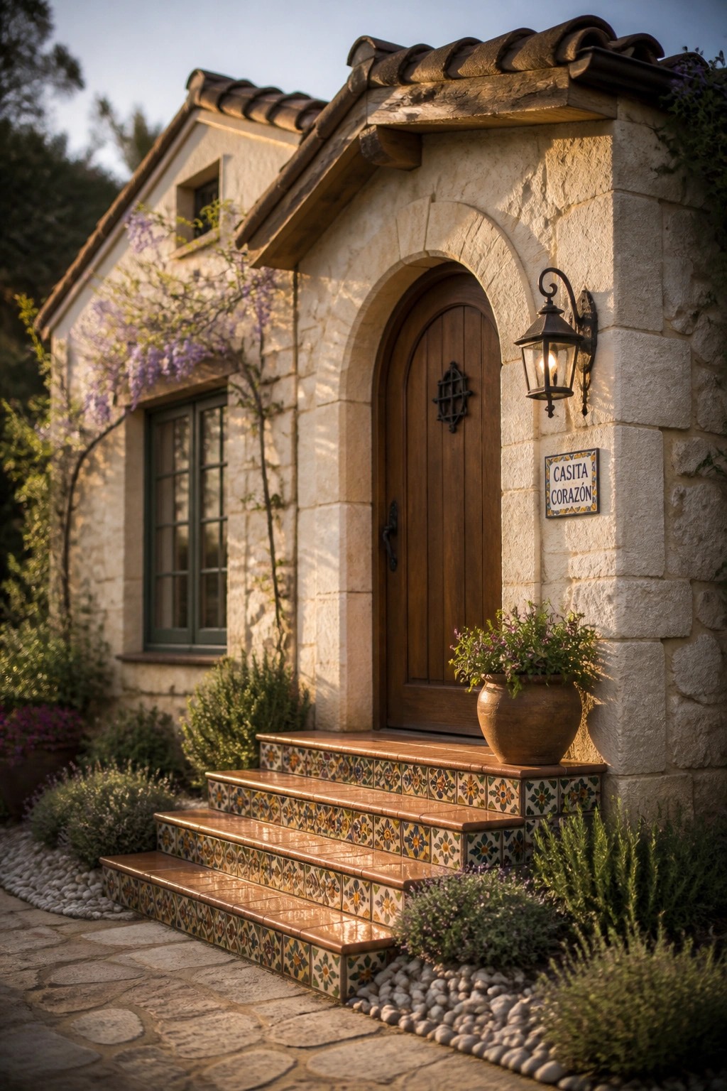 A small stone house exterior featuring an arched wooden door, colorful tiled steps leading to the entrance, a wall lantern, and a sign reading Casita Corazón.