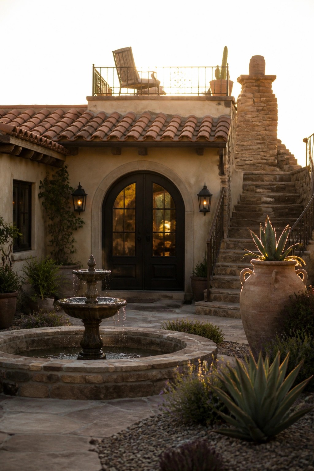 A small Mediterranean casita exterior featuring stucco walls, terracotta roof tiles, a prominent arched double door entry, and a stone chimney beside stone steps.