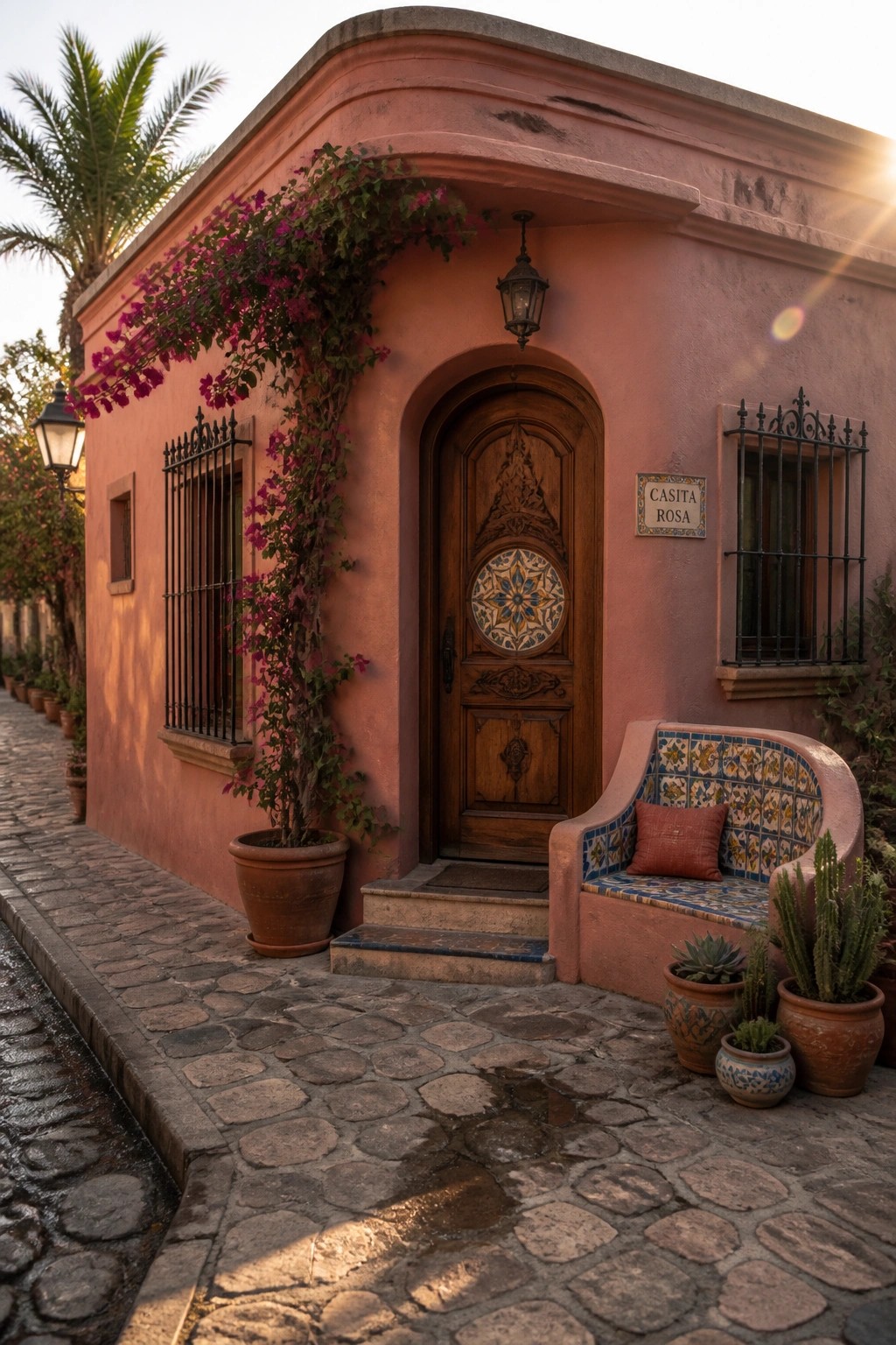 A pink stucco house exterior with an arched wooden door featuring a colorful tile inset, a tiled bench to the right, and bougainvillea climbing the left wall.
