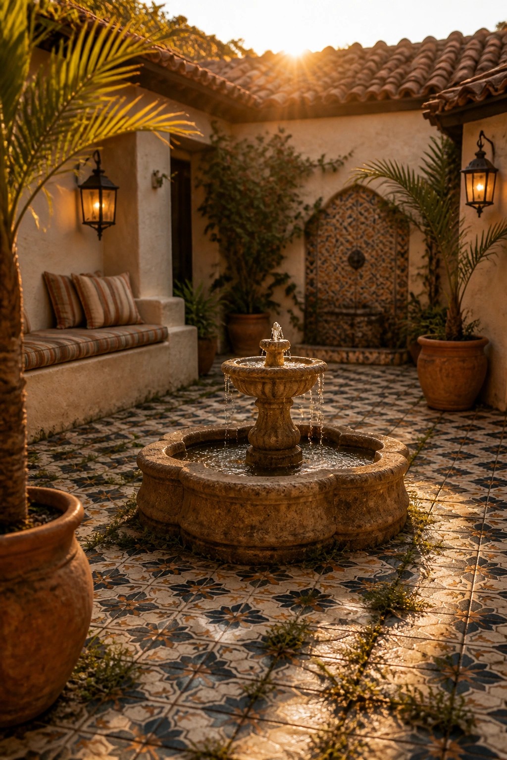 A stone fountain sits in the center of a tiled courtyard surrounded by potted palms, wall lanterns, and a built-in bench on a Mediterranean-style house.