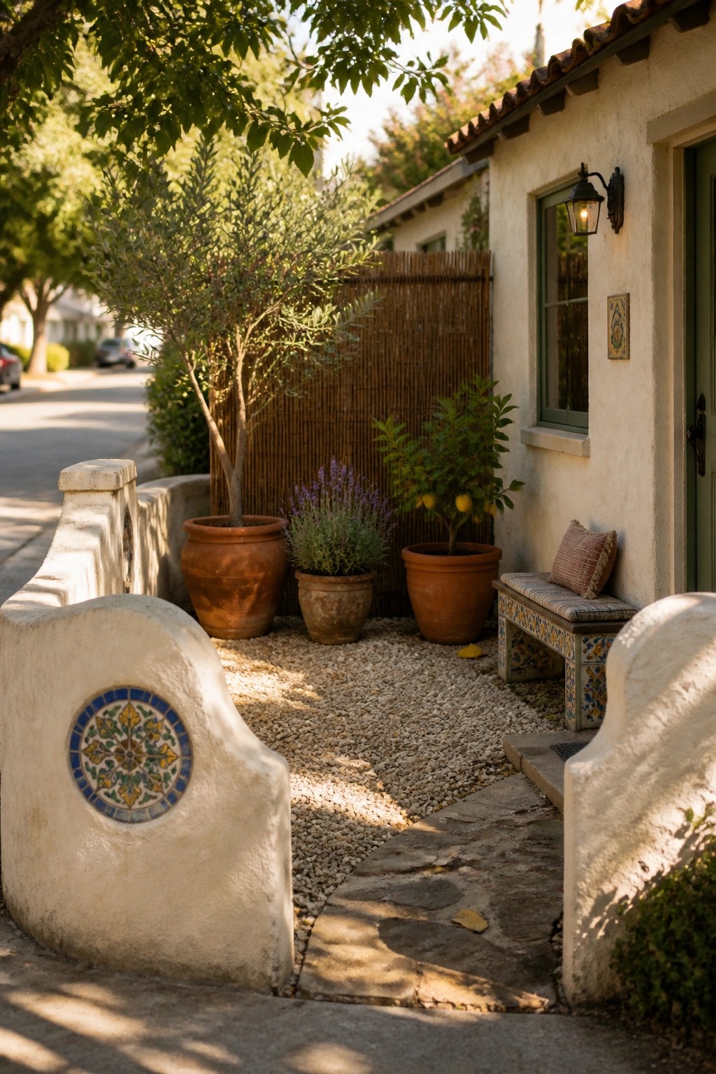 Charming stucco courtyard with terracotta pots, tiled bench, and gravel path.