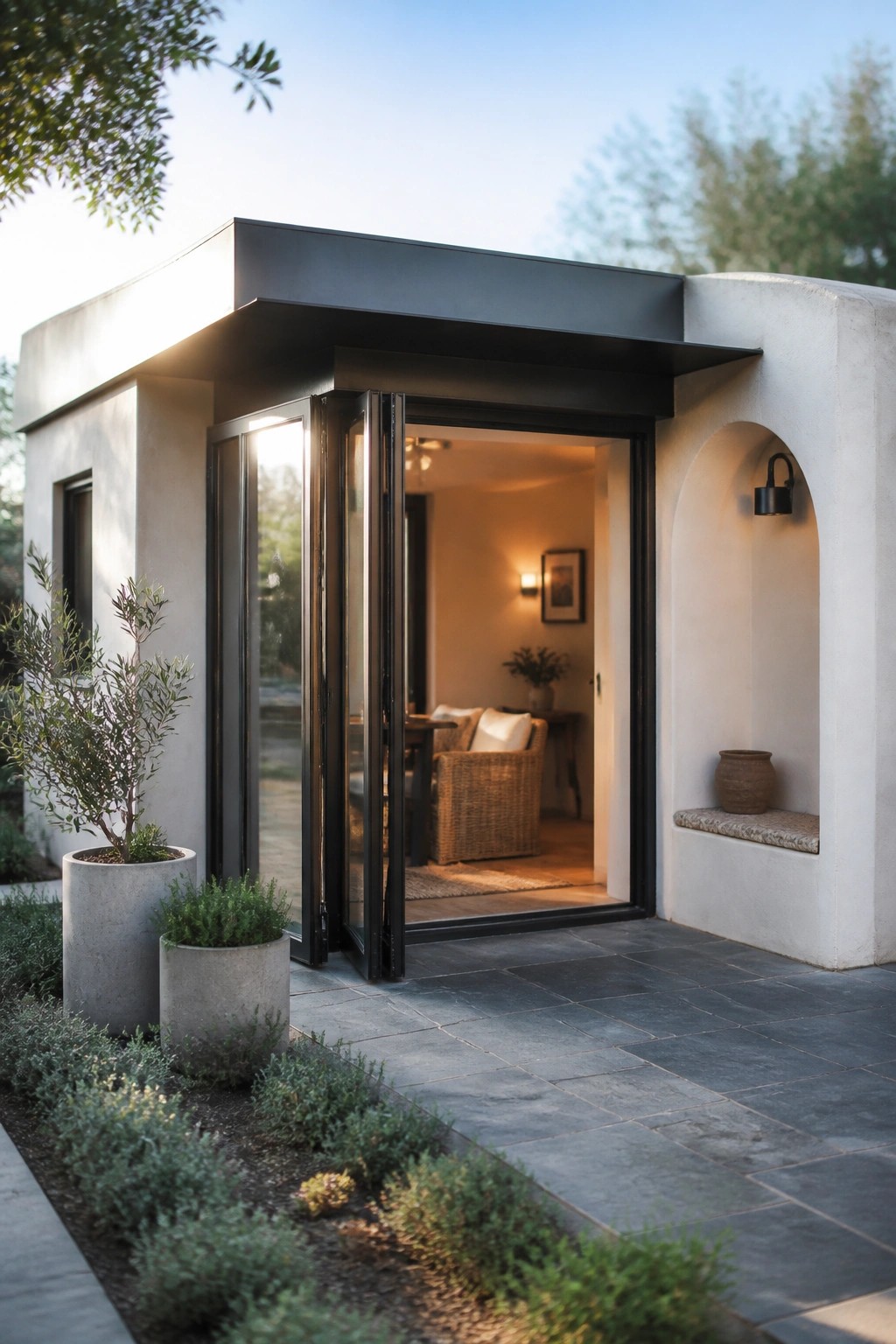 A small white stucco building with large black-framed bi-fold doors open, revealing an interior space, potted plants in front, and an arched niche on the right side.