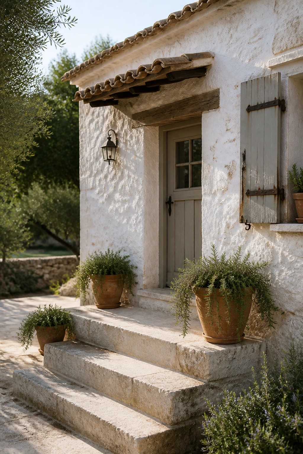 White stucco house exterior with light gray door, stone steps, terracotta pots holding green plants, and a small wooden awning over the entrance.