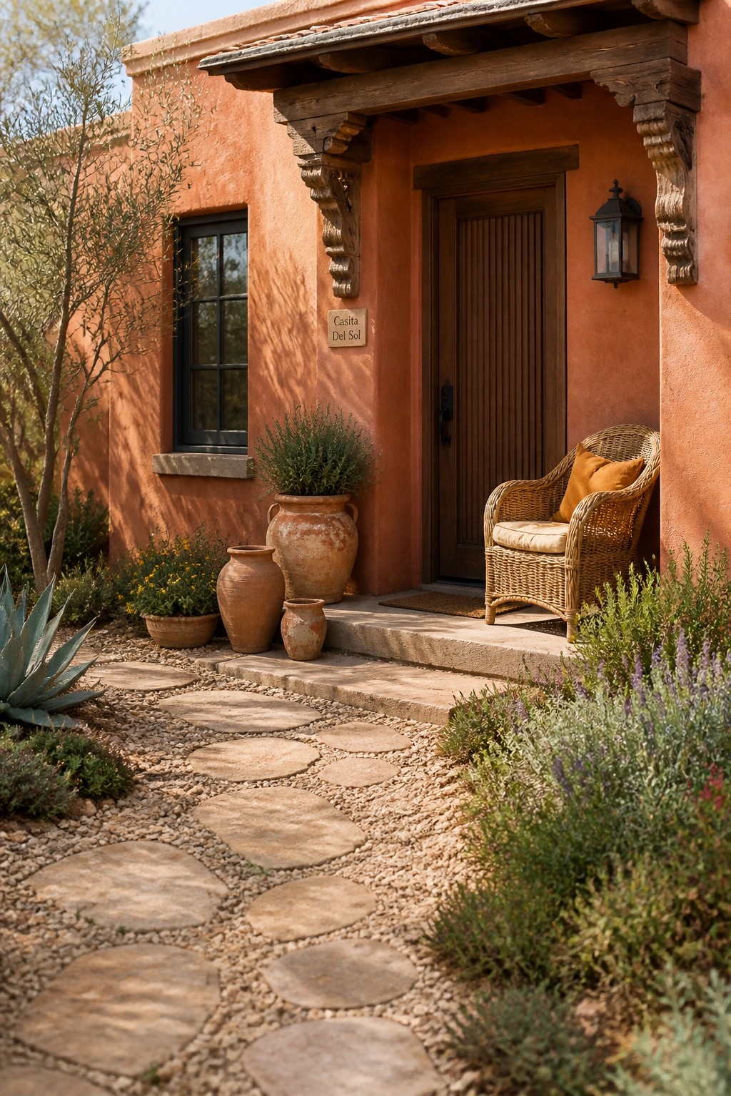 Rustic adobe home entrance with wooden door, wicker chair, terracotta pots, and stone path.