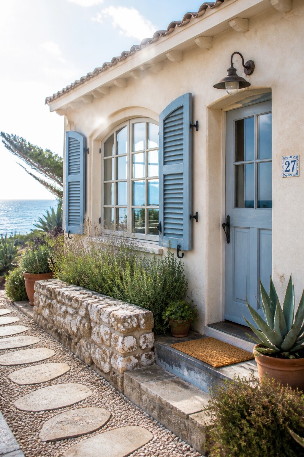 A small stucco house exterior with a light blue door, matching blue shutters on an arched window, a stone path, and potted plants beside the entry.