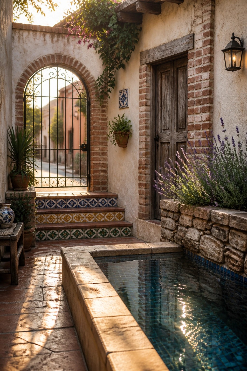 A Mediterranean-style house entry with a brick archway, colorful patterned tiles on the steps, a wooden door, and a small rectangular pool in the foreground.
