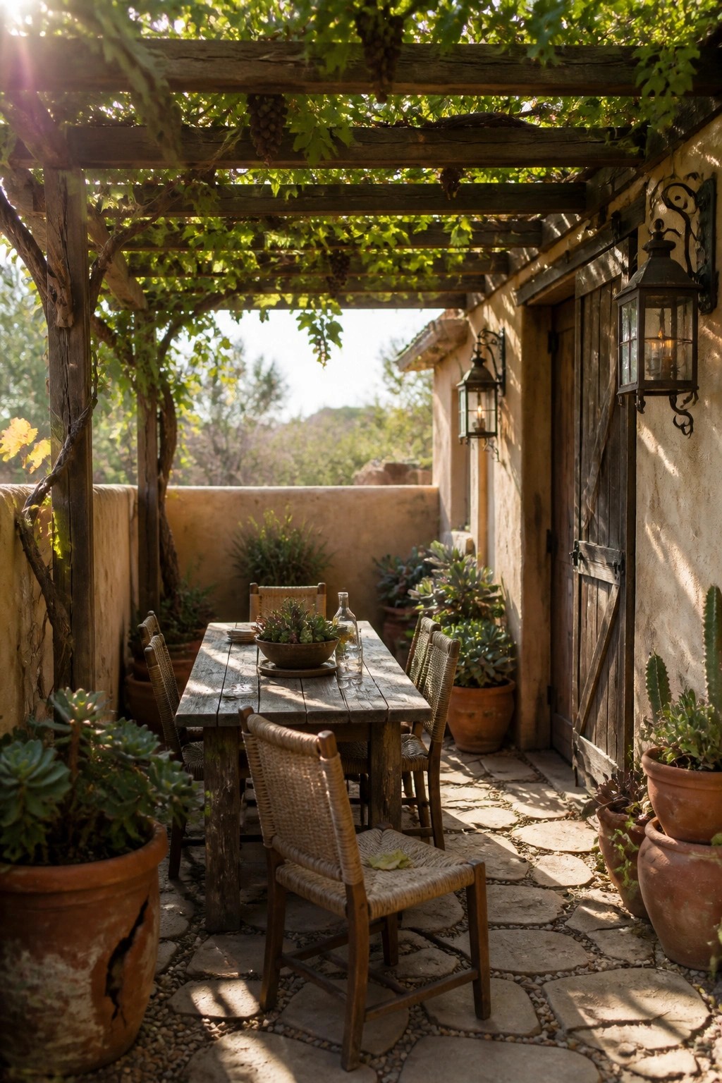 A wooden pergola draped in green vines shades a rustic dining table and woven chairs on a stone patio beside a stucco wall lined with terracotta pots.