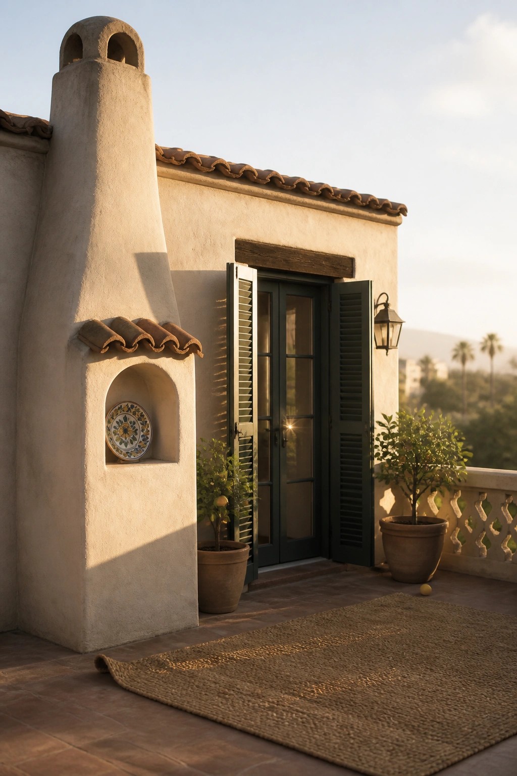 A stucco Mediterranean house exterior shows a tall chimney with a recessed niche holding a decorative plate beside an open green door on a tiled patio.
