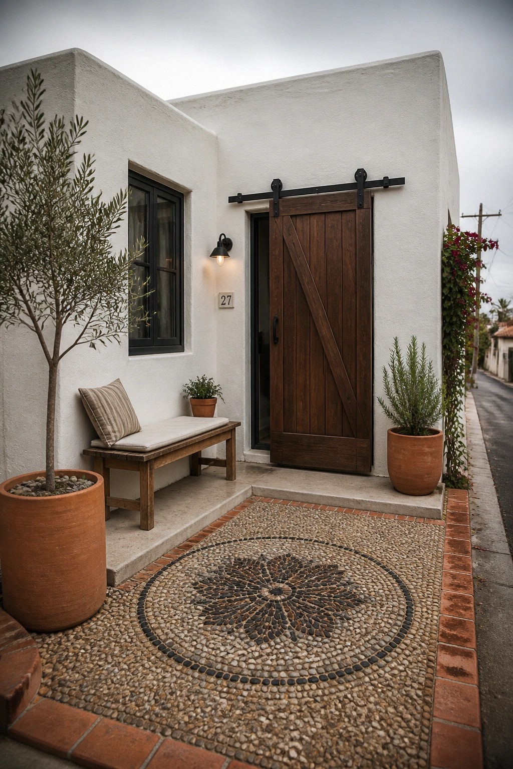 A small white stucco house exterior featuring a large wooden sliding barn door, a wall-mounted light, a wooden bench with cushion, and terracotta pots beside a pebble mosaic path.
