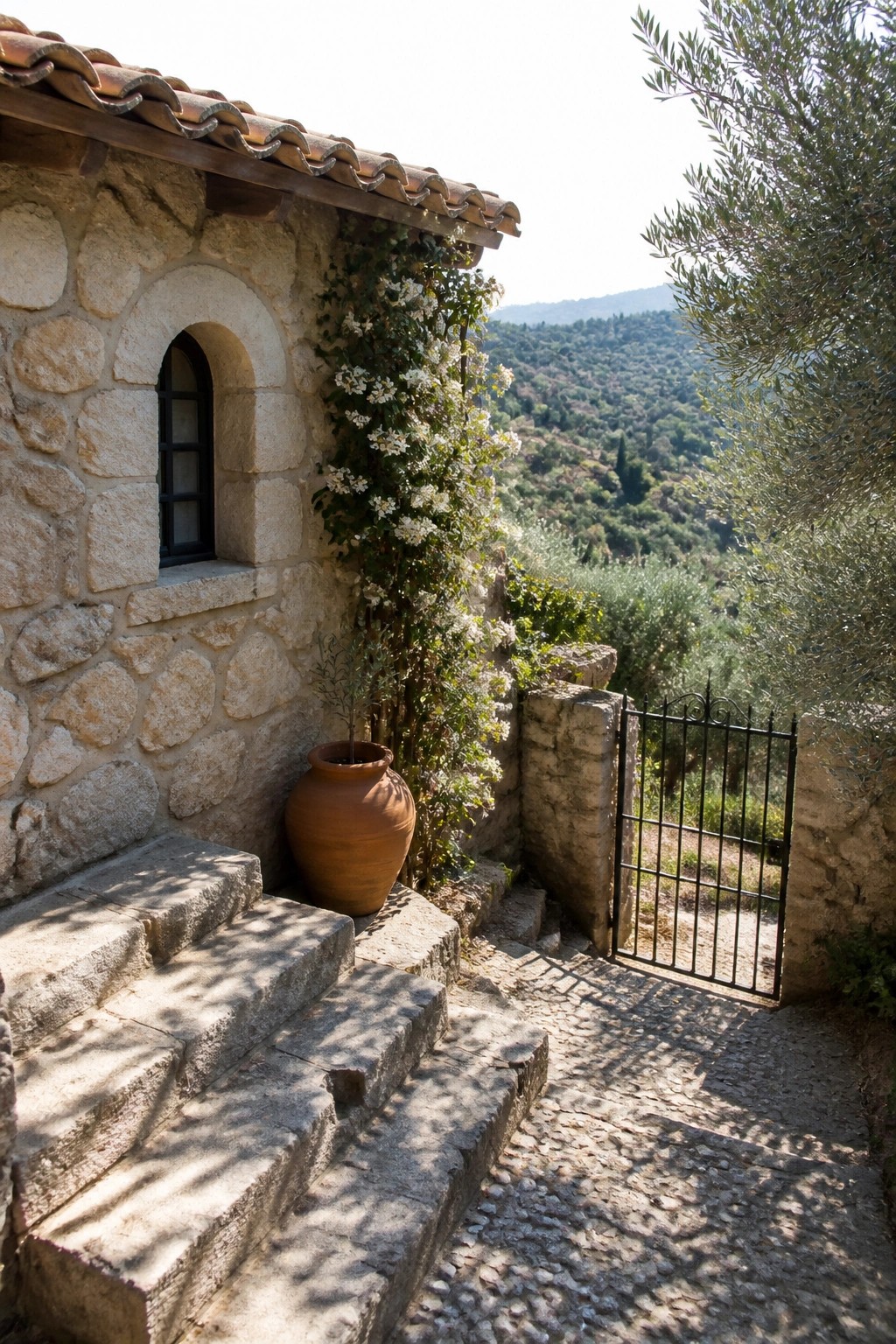 A small stone building with a terracotta tiled roof, an arched window, stone steps, and a terracotta pot next to a black metal gate.