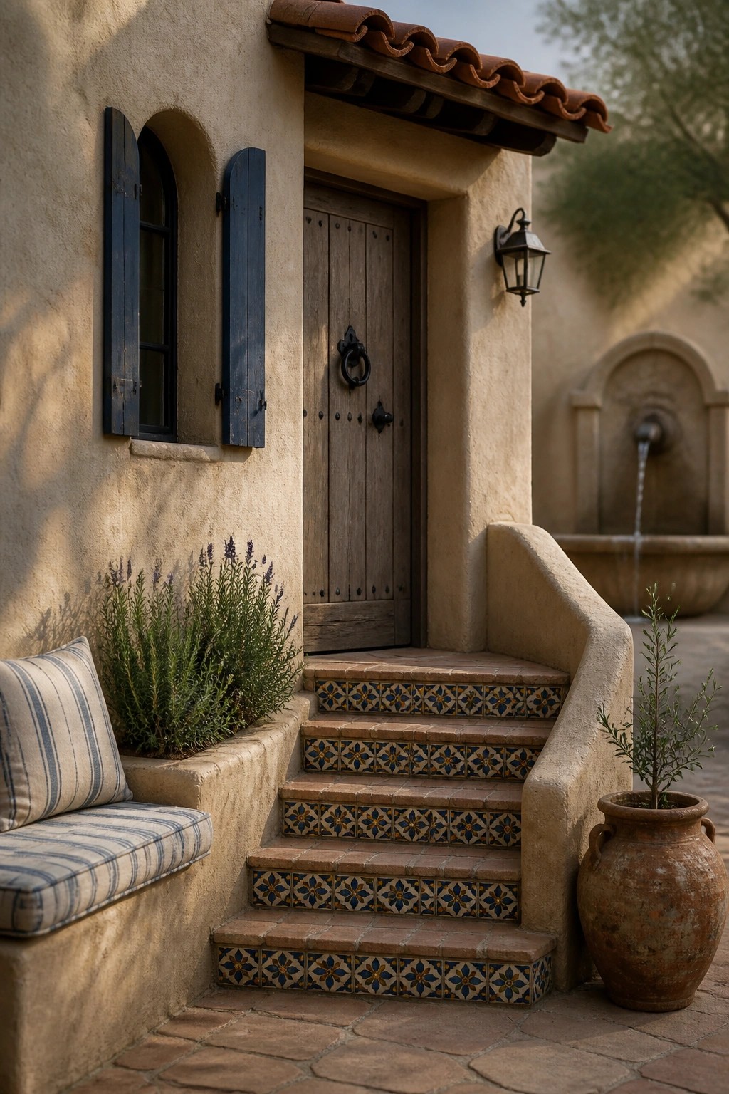 A small stucco house entrance with a wooden door, arched window with dark shutters, colorful tiled stair risers, built-in bench with striped cushion, and a clay pot near the steps.