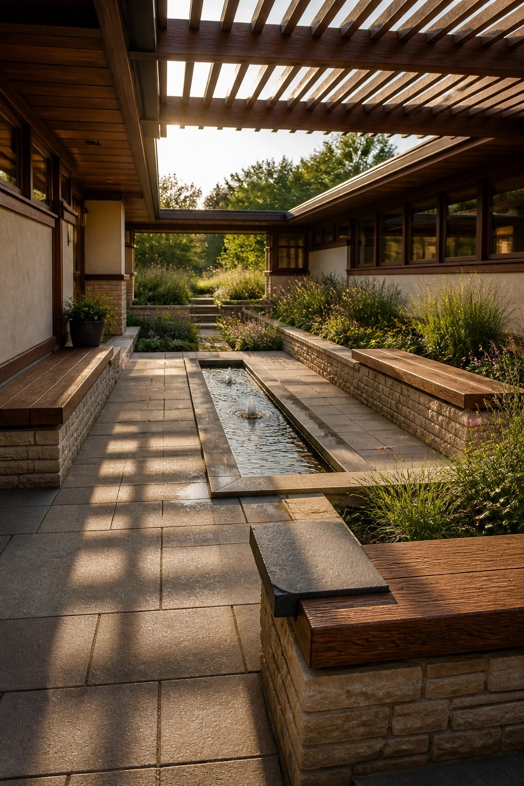A long narrow courtyard with a central rectangular water feature, built-in wooden benches on stone walls, and a wooden pergola overhead.