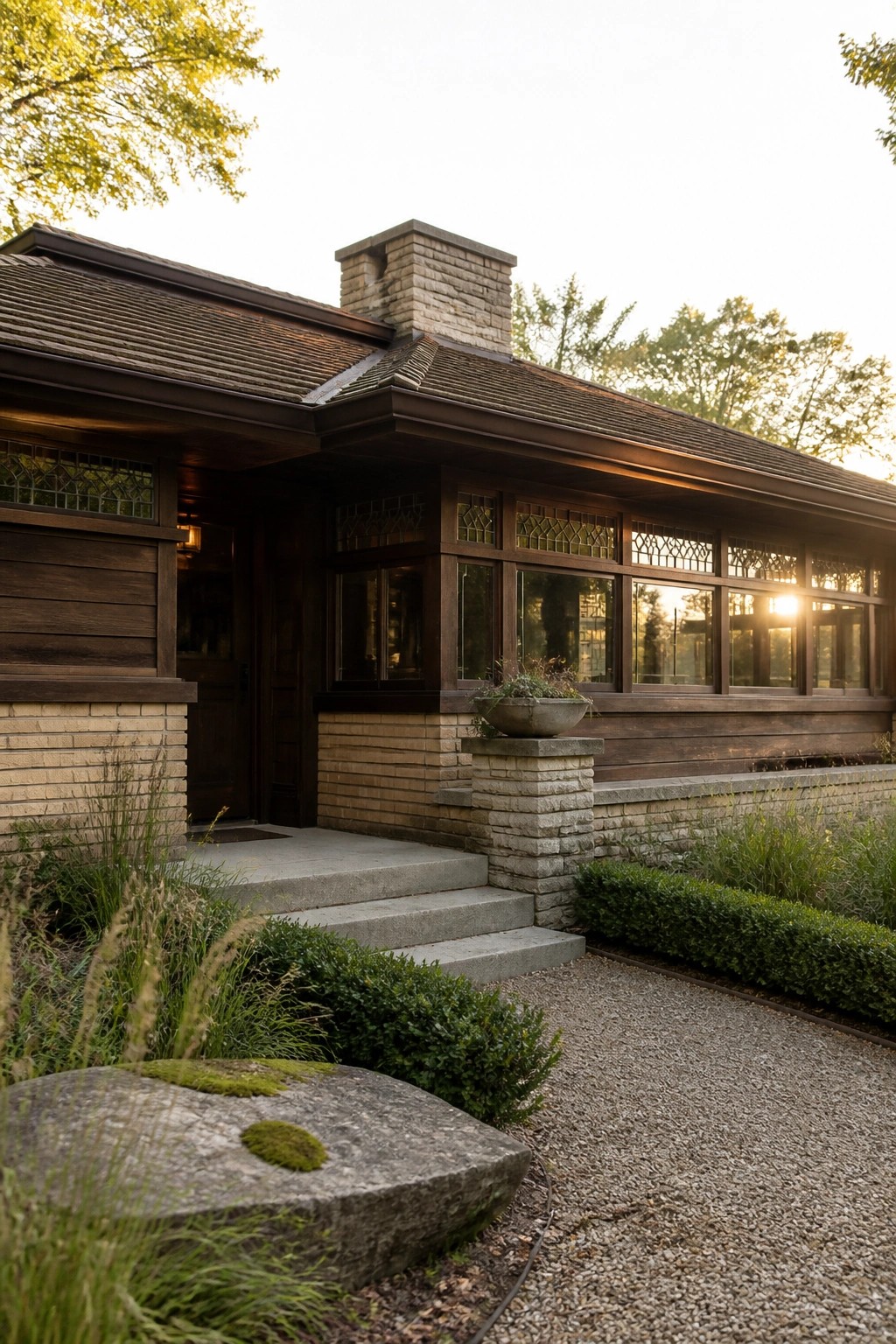 Dark wood Craftsman home with stone chimney, large windows, and garden at sunset