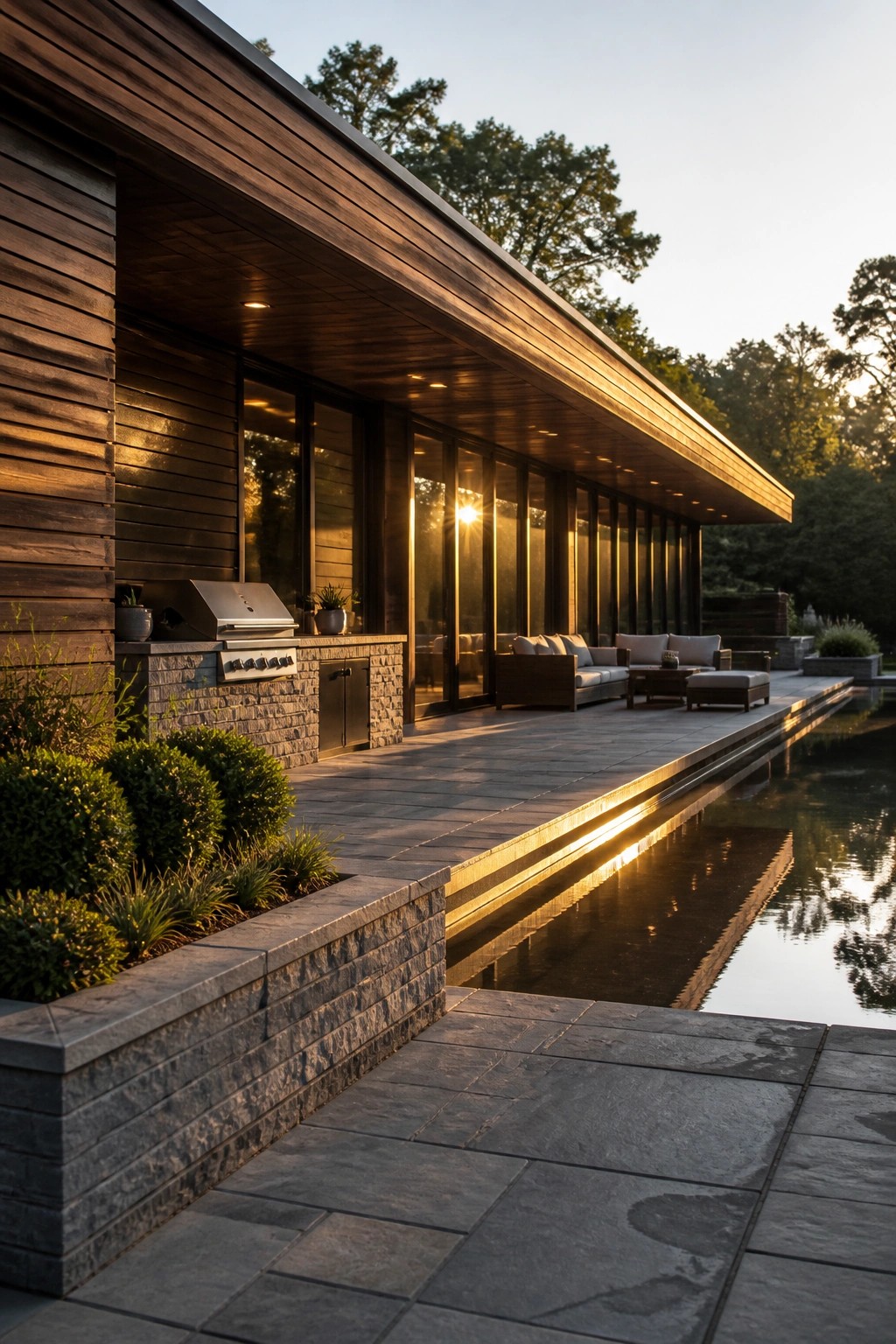 A modern single-story home with dark horizontal wood siding, large glass doors, an outdoor kitchen on a stone base, lounge seating on a stone patio, and a long rectangular pool running parallel to the house at sunset.