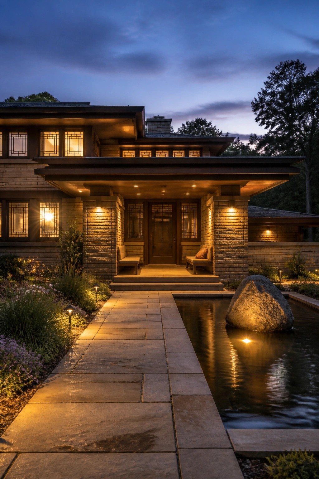 A front view of a Prairie style house at dusk showing low horizontal rooflines, wide overhangs, stone piers, a central wooden door, and a stone path beside a small pond.