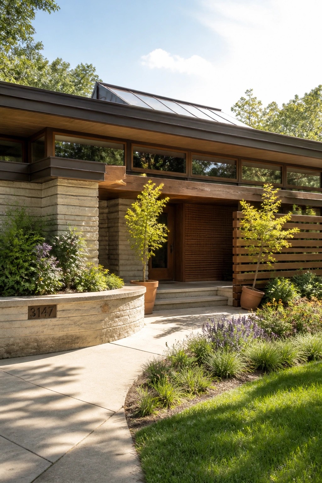 A single-story home with a low flat roof, long horizontal windows, stone walls, a wooden entrance, and two potted trees beside the steps.
