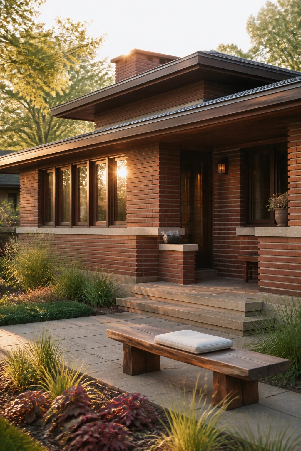 A brick prairie style house with a low horizontal roof overhang, a continuous band of windows, and a centered entry with steps.