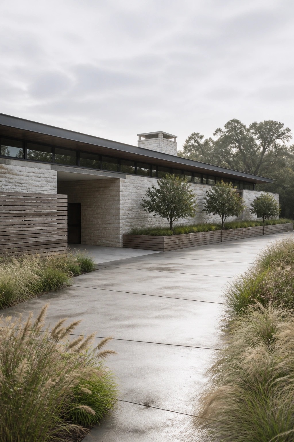 A low-slung modern house with a long horizontal roof, stone walls, and a covered entry set against trees and grass.