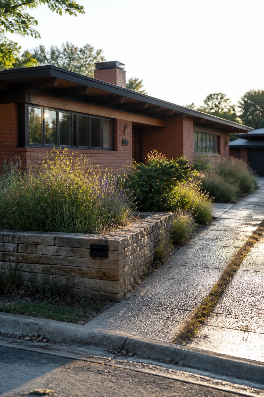 Mid-century brick house with large windows, stone wall, and lush garden bed.