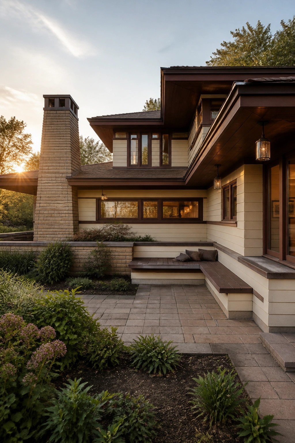 A Prairie style house with extended dark roof overhangs, horizontal window bands, light siding, a brick chimney on the left, and a stone patio with built-in seating next to garden beds.