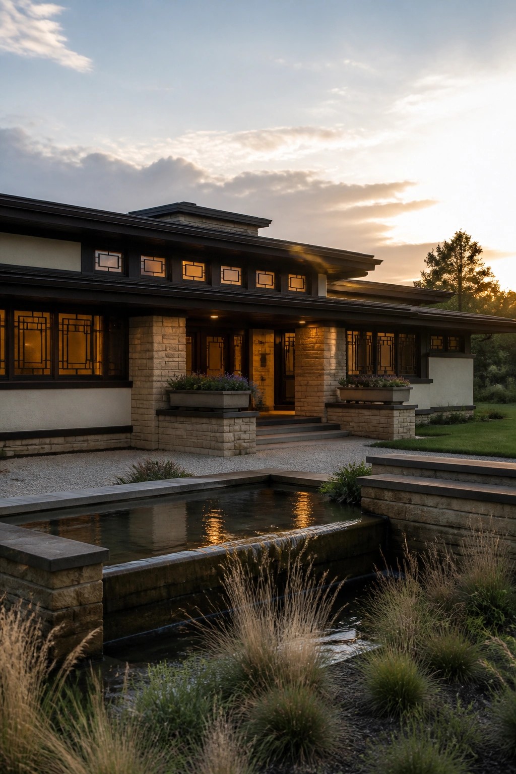 Prairie-style home at dusk with glowing windows beside a stone reflecting pool and grasses.