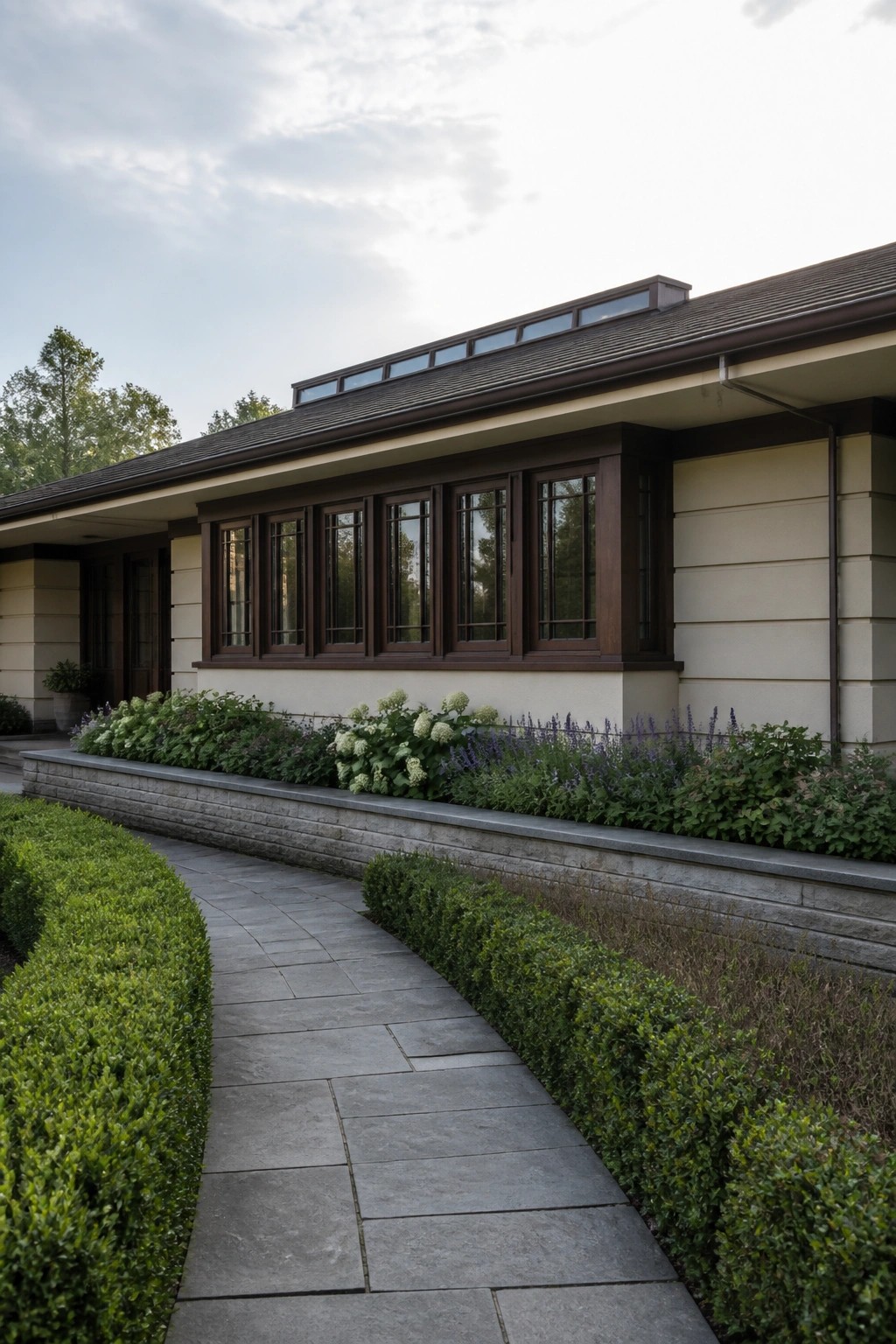 A single-story house with a long band of dark-framed windows under a low roof, a stone walkway bordered by hedges and flower beds, and a raised stone retaining wall along the front.