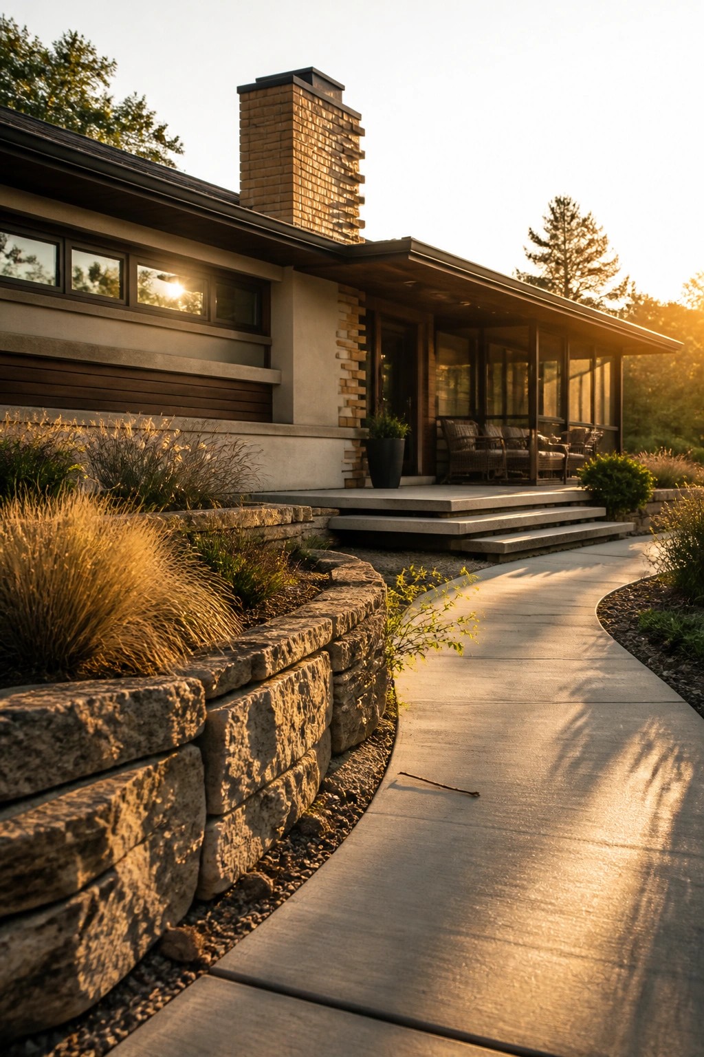 A single-story modern house with a long low roof overhang, stone chimney, wide porch, and a curving concrete path bordered by stacked stone retaining walls.
