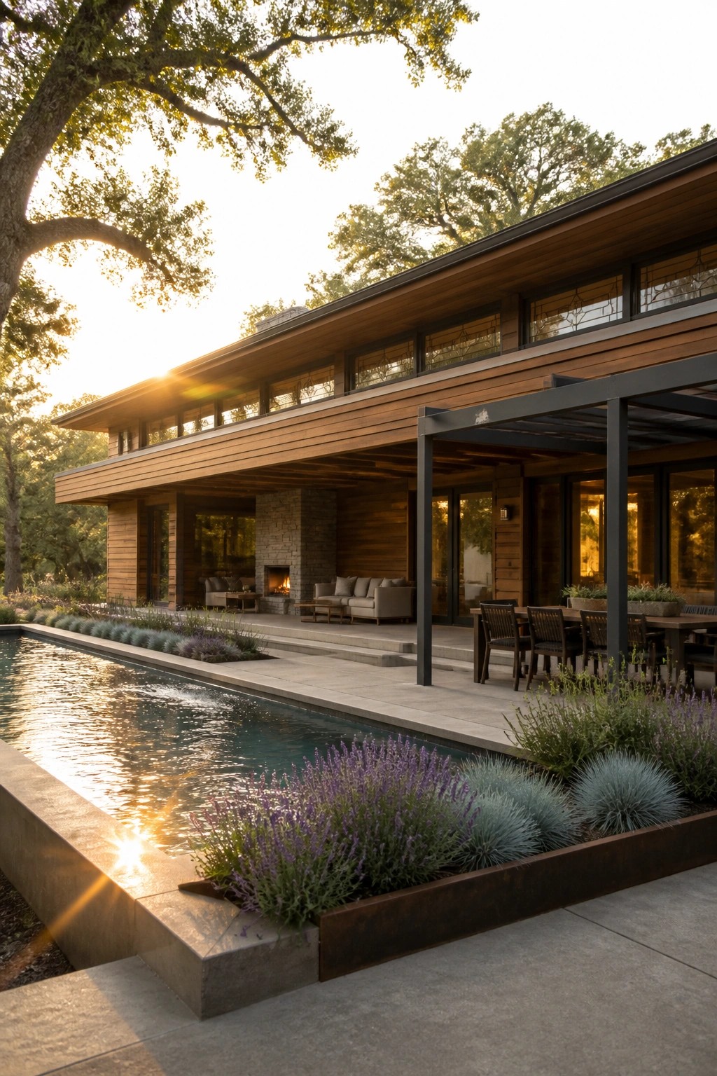 A low-slung modern house with a long horizontal roof, wood siding, stone chimney, covered patio with dining table, and a pool bordered by lavender and blue fescue plants.