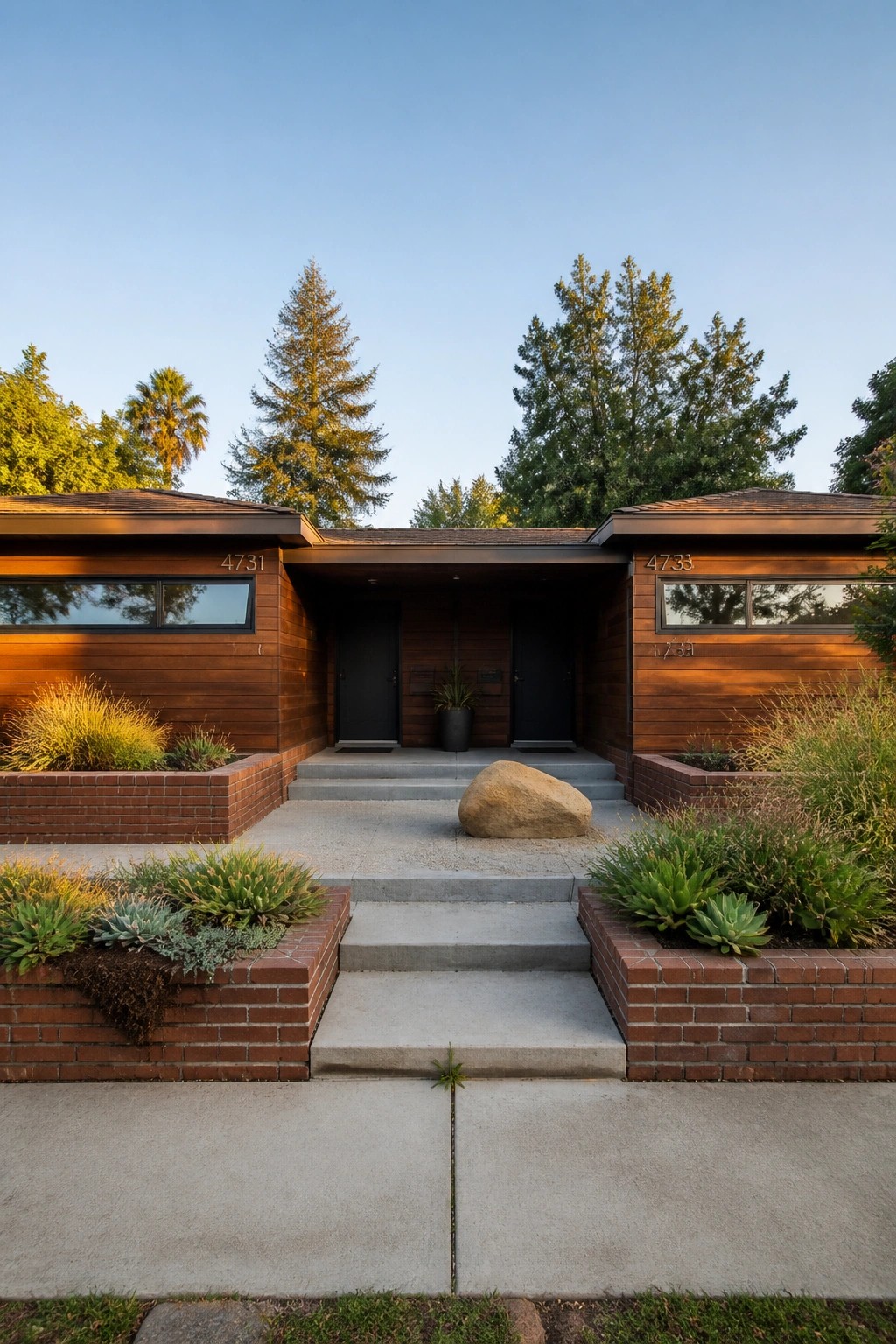 Modern wooden duplex entrance with black doors, brick planters, concrete steps, and rock.