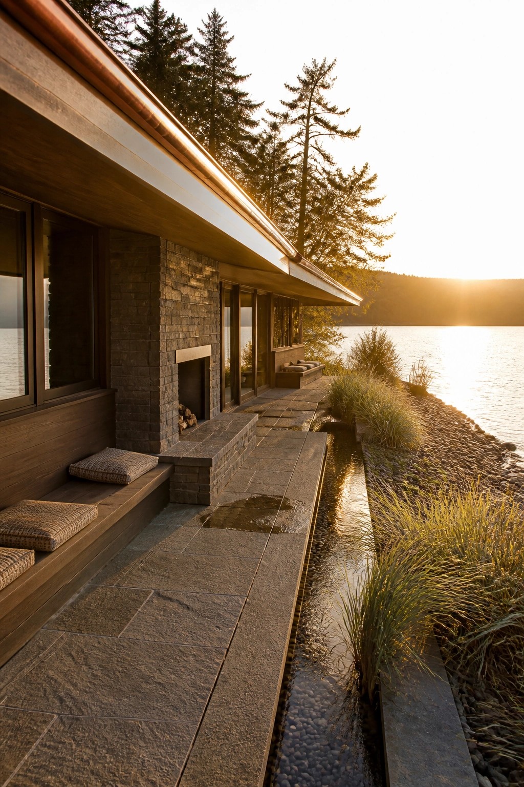 A low-slung modern house with a long horizontal roof, stone chimney, and built-in bench seating sits beside a lake at sunset.