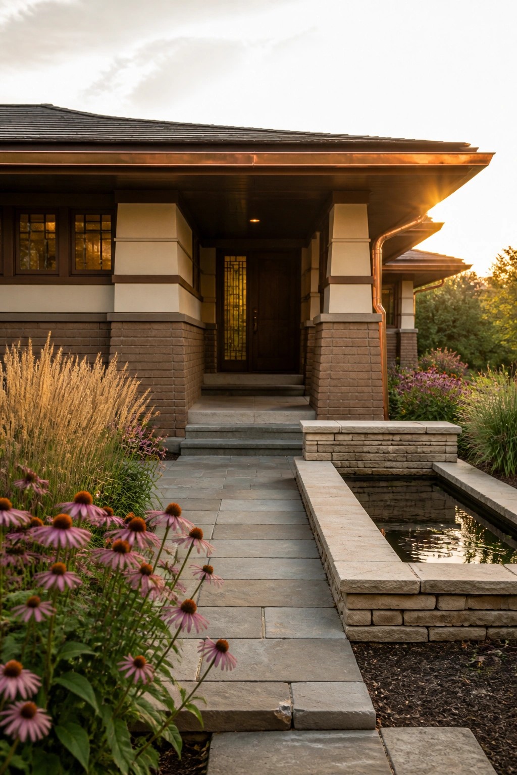 A front view of a prairie style house with a low overhanging roof, stone columns, a paved walkway, and purple coneflowers along the path.