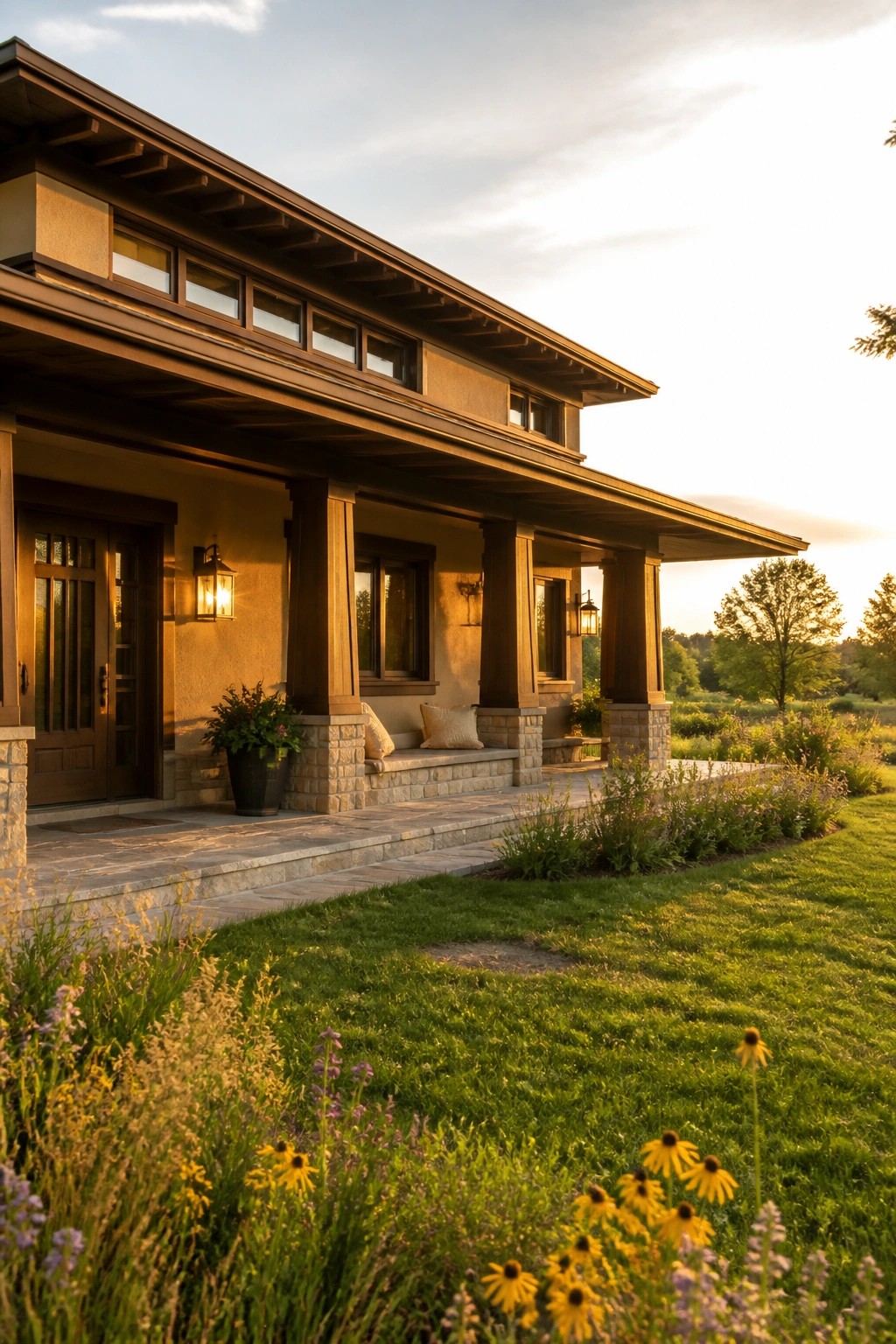 A single-story prairie style house with a long low roof, wide porch supported by stone piers and wood columns, and a garden of wildflowers in the foreground at sunset.