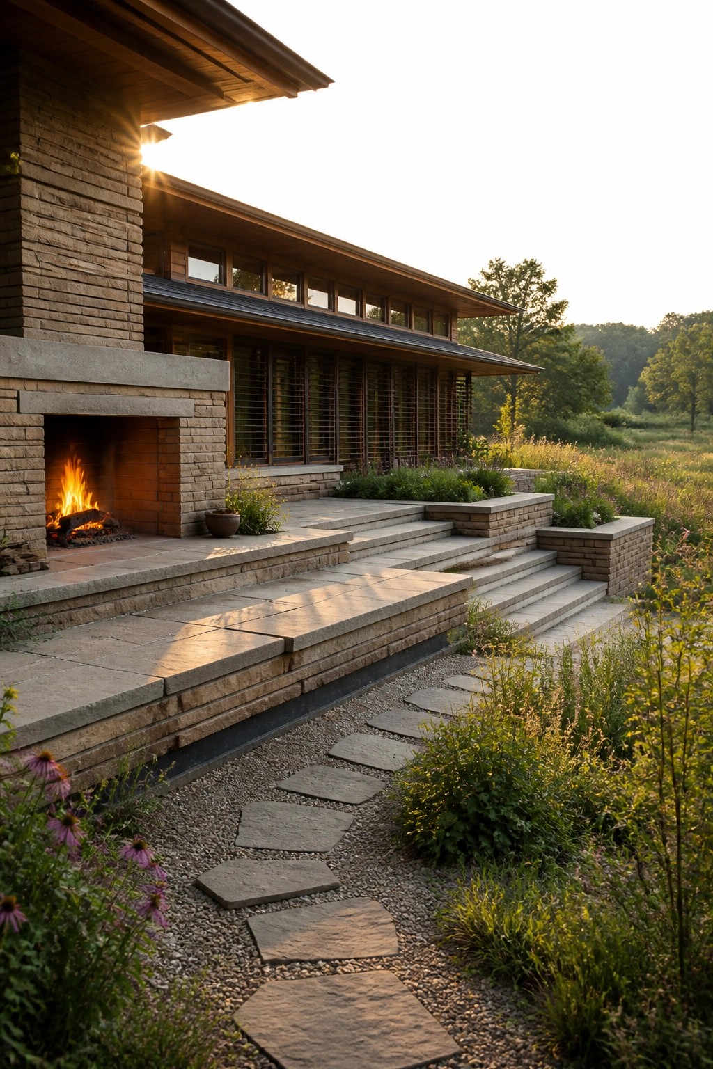 A prairie style house exterior featuring a large stone outdoor fireplace on a broad stone terrace with wide steps descending to a gravel path lined with stepping stones and garden beds.
