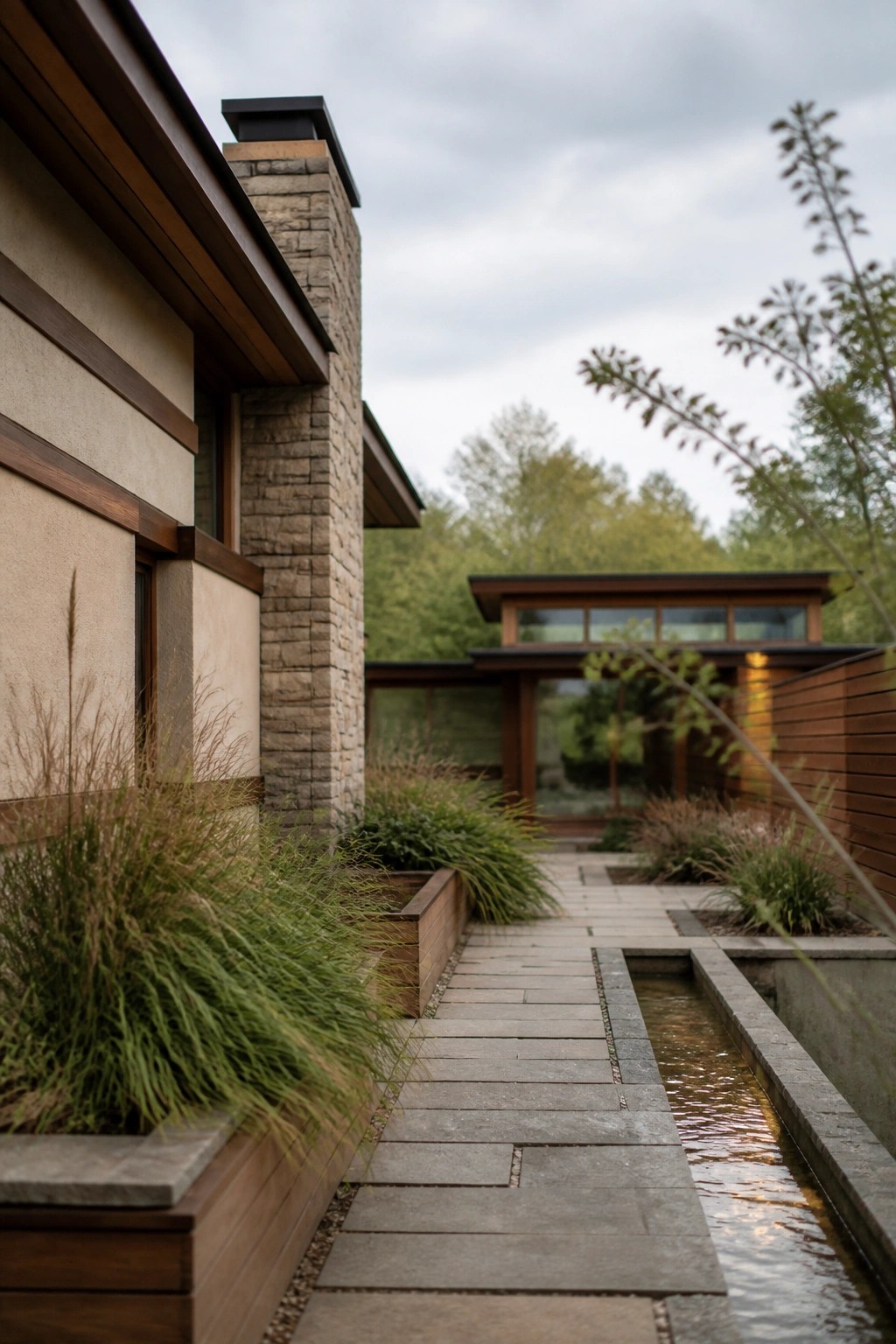 A modern house exterior featuring a stone pathway running parallel to a narrow water channel, bordered by tall grasses and wooden planters.