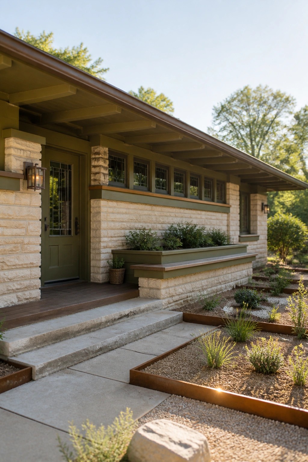 Green door on stone house with porch bench, steps, and gravel garden beds
