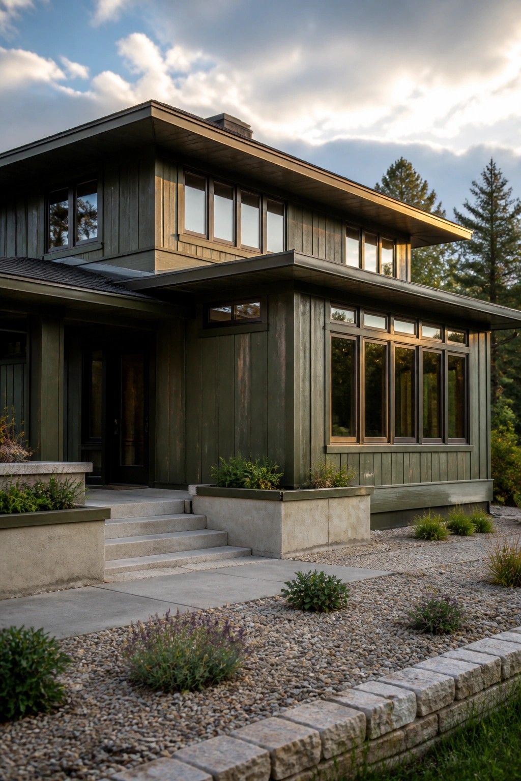 Modern dark green two-story house with large windows and gravel landscaping
